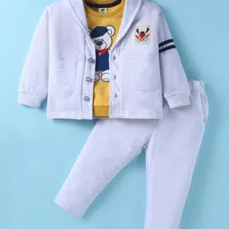 ToffyHouse Knit T-Shirt & Trouser Set With Teddy Bear Patch & Jacket - Light Grey & Yellow-picture-27