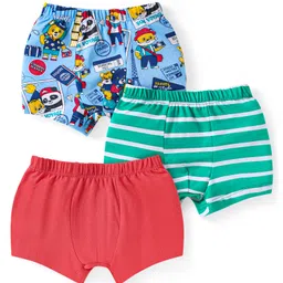 Babyhug 100% Cotton Knit Trunks with Stripes & Bear Print Pack of 3 - Red Blue & Mint Green-image-90