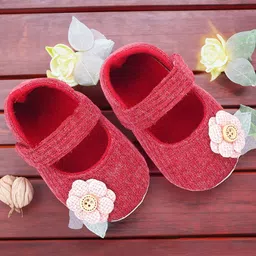 Baby Moo Floral Applique Detailed Mary Jane Anti Skid Ballerinas With Velcro Closure - Maroon-picture-11