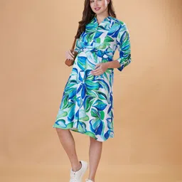 Bella Mama Woven Three Fourth Sleeves Maternity Shirt Dress with Belt & Floral Print - Blue-picture-37
