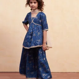 BIBA Woven Half Sleeves Floral Foil Printed Lace Embellished Kurta Lehenga With Dupatta Set - Navy Blue-image-71