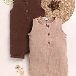 Cot & Candy Organic Cotton Muslin Knit Pack Of 2 Sleeveless Solid Rompers - Latte & Cocoa Whisper-picture-13