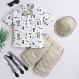 Fourfolds Cotton Blend Woven Half Sleeves Abstract Printed Shirt & Shorts With Cap Suspender & Bow Set - Beige-picture-26