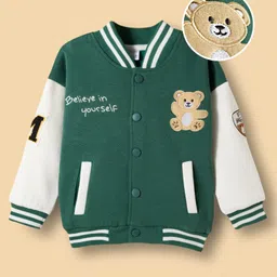 Mark & Mia Fleece Knit Full Sleeves Bomber Jacket With Teddy Bear Patch & Text Embroidery - Green & White-picture-30