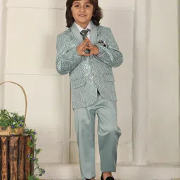 P-MARK Cotton Woven Full Sleeves Sequins Embellished 4 Piece Party Suit With Tie Set - Green-picture-18