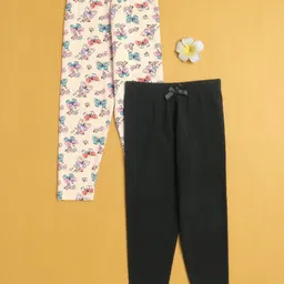 BUMZEE Cotton Knit Pack Of 2 Solid & Butterflies Printed Leggings - Black & Cream-picture-29