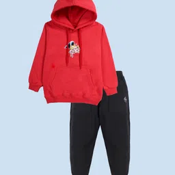 Kiddopanti Fleece Knit Full Sleeves Birds Patch Detail & Sequins Embellished Winter Hooded Sweatshirt With Track Pants Set - Coral & Black-picture-19