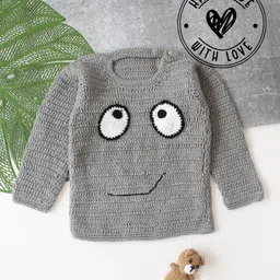 Woonie Hand Knitted Full Sleeves Eyes Designed Sweater - Grey-picture-17