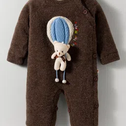 Yellow Apple Woven Full Sleeves Winter Wear Romper With Teddy Bear Applique & Cap - Brown image 2