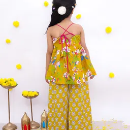 BownBee Pure Cotton Woven Sleeveless Floral Printed Kurta & Coordinating Palazzo Set - Mustard image 3