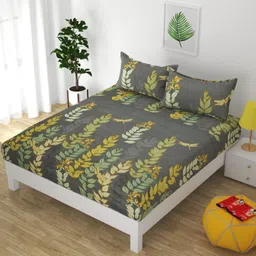 BhaiJi Bedsheets 220 TC Glace Cotton Bed Sheet King Size 108x108 Inch With 2 Pillow covers - Grey Botanical image 2