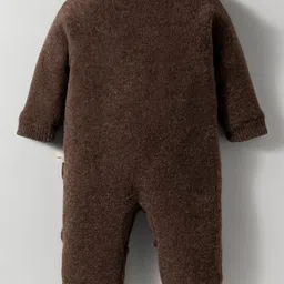 Yellow Apple Woven Full Sleeves Winter Wear Romper With Teddy Bear Applique & Cap - Brown image 3
