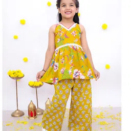 BownBee Pure Cotton Woven Sleeveless Floral Printed Kurta & Coordinating Palazzo Set - Mustard image 4