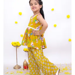 BownBee Pure Cotton Woven Sleeveless Floral Printed Kurta & Coordinating Palazzo Set - Mustard image 5