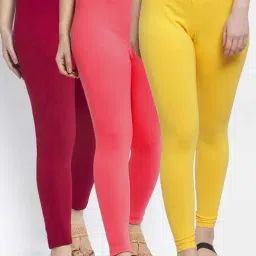 Gracit Yellow & Maroon Mid Rise Leggings - Pack Of 3-image-97