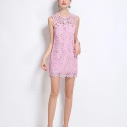 JC Collection Women Floral Self Design Round Neck A-Line Mini Dress image 4