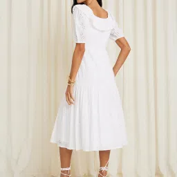 Styli White Cotton Self Design Midi Dress image 2