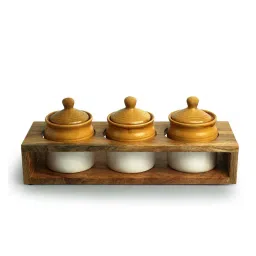 ExclusiveLane Brown & White Ceramic Old Martaban Pickle Jar Set with Wooden Holder image 2