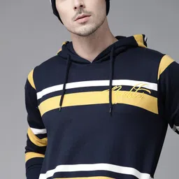 Roadster Men Navy Blue & Yellow Striped Hooded Sweatshirt-picture-36