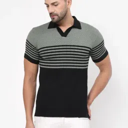 Kalt Black & Light Green Regular Fit Striped Polo T-Shirt-image-39