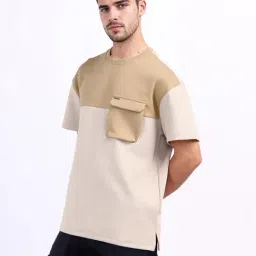Iconic Mens Beige Color Block Crew Neck T-Shirt-image-12