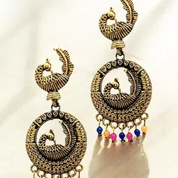 FEMMIBELLA Gold-Plated Beaded Peacock Shaped Oxidised Drop Earrings-image-33