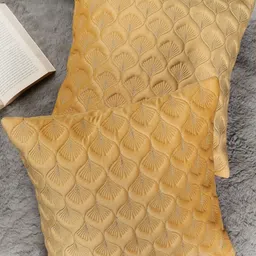 tanlooms Luxury Feather Design Yellow Color Velvet Cushion Covers Set of 1 image 5