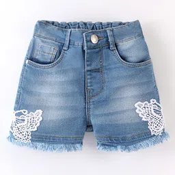 Babyhug Cotton Mid Thigh Length Washed Stretchable Denim Shorts Lace Detailing - Blue-picture-35