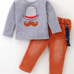 Wonderchild Full Sleeves Hat Embroidered & Patch Detailed Tee With Pant & Suspender Set - Grey & Rust Orange-image-18
