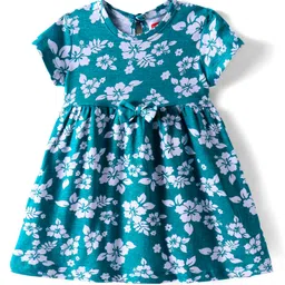 Babyhug Cotton Knit Half Sleeves Frock with Floral Print - Teal Blue-picture-28