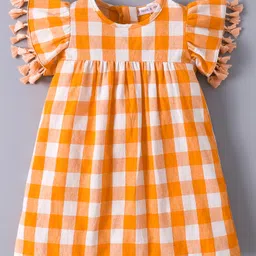 Mark & Mia Cotton Half Flutter Sleeves Checkered Frock - Orange-picture-22