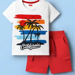 Babyhug Single Jersey Knit Half Sleeves T-Shirt & Shorts With Beach Theme Print - Red & White-picture-26