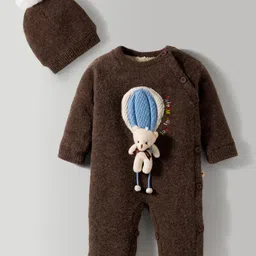 Yellow Apple Woven Full Sleeves Winter Wear Romper With Teddy Bear Applique & Cap - Brown-picture-10