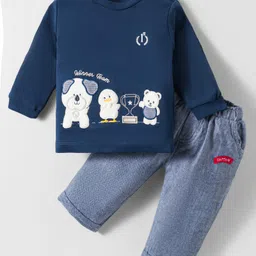 Ollypop Interlock Knit Full Sleeves T-Shirt & Lounge Pant Set With Dog Patch & Embroidery - Navy Blue-picture-21