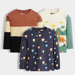 Orange Sugar 100% Cotton Knit Pack Of 3 Full Sleeves Dinosaurs & Hot Air Balloon Printed Tees - Multi Colour-picture-19