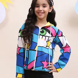 Spunkies Cotton Woven Full Sleeves Abstract Printed Hooded Sweatjacket - Multi Colour-image-6