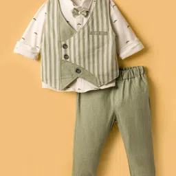 Mini Taurus Sinker Knit Full Sleeves Printed 3 Piece Party Suit With Bow Applique - Green-picture-28