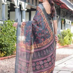 MAHARANI COUTURE Woven Design Floral Printed Pure Linen Saree image 4