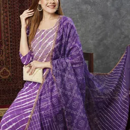 Anni Designer Leheriya Embroidered Regular Straight Kurta with Trousers & Dupatta image 3