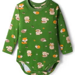 Babyoye 100% Cotton Interlock Knit with Eco Jiva Finish Full Sleeves Onesies with Squirrel & Little Bear Print Pack of 2 - Green & Cream image 2