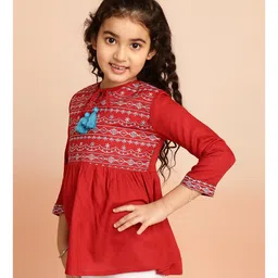 ISHTI Rayon Three Fourth Sleeves Abstract Embroidered Top - Maroon image 5