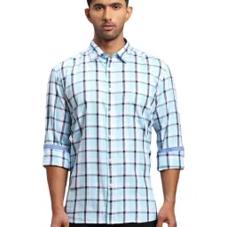 Parx Blue Cotton Slim Fit Checks Shirts-picture-41