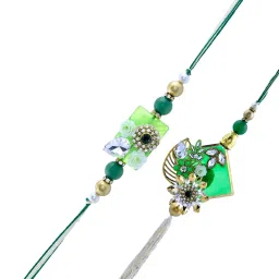 Aapno Rajasthan Multi Royal Green Bhaiya Bhabhi Casual Rakhi with Roli Chawal & Greetings Card image 2