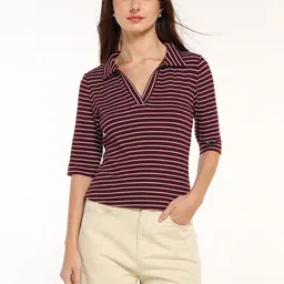 COVER STORY Women Striped Polo Collar Slim Fit T-shirt-image-43