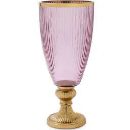 Pure Home and Living Pink & Gold Glass Ribbed Tall Candle Holder With Stand image 2