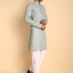 Vardha Geometric Ikat Printed Mandarin Collar Lanes Net Cotton Straight Kurta image 4