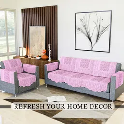 RUBOXA Pink & Off White Printed Cotton Sofa Cover With Arms image 4