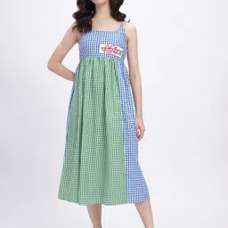 fusion by glitchez Checked Shoulder Straps Embroidered Detail Midi A-Line Dress image 5