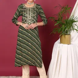 Vaamsi Green Striped Straight Kurta image 2