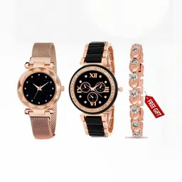 WATCHSTAR Women Dial & Stainless Steel Straps Analogue Watch New Mag Gold& Mina Blk&BR Gold -V-image-74